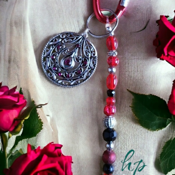 Red, Silver & Black Hand Crafted Beaded Keychain - Picture 1 of 8